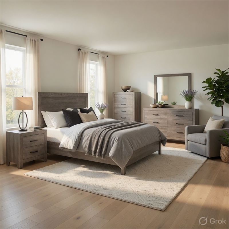 Pemberly Row 5 Piece Queen Panel Bed Set with Dresser and Chest in Gray