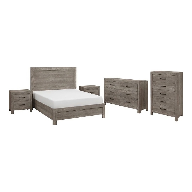 Pemberly Row 5 Piece Queen Panel Bed Set with Dresser and Chest in Gray