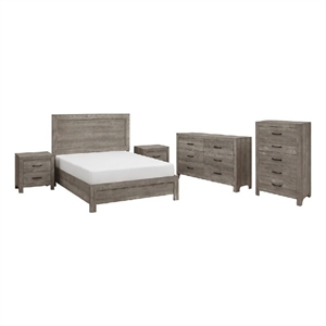 Pemberly Row 5 Piece Queen Panel Bed Set with Dresser and Chest in Gray