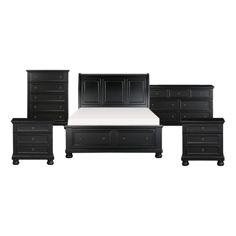 Pemberly Row 5 Piece Queen Storage Bed Set with Dresser and Chest in Black