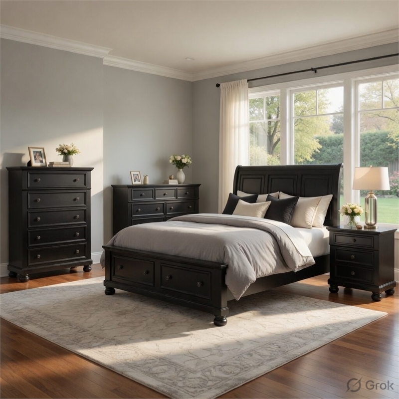 Pemberly Row 4 Piece Queen Storage Bed Set with Dresser and Chest in Black