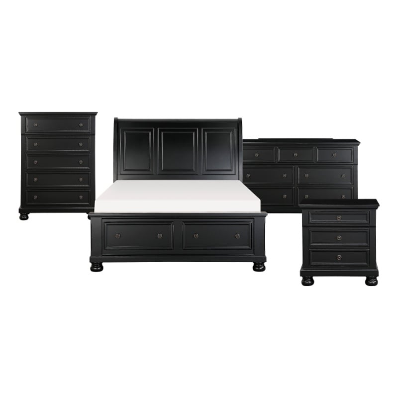 Pemberly Row 4 Piece Queen Storage Bed Set with Dresser and Chest in Black
