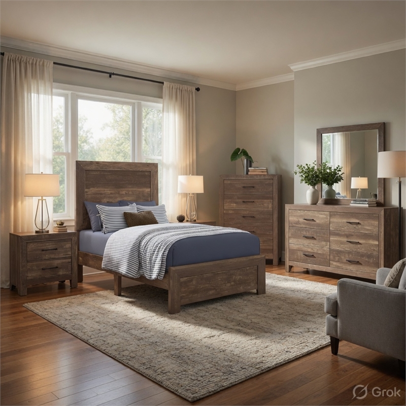 Pemberly Row 5pc Eastern King Panel Bed Set with Dresser and Chest in Brown