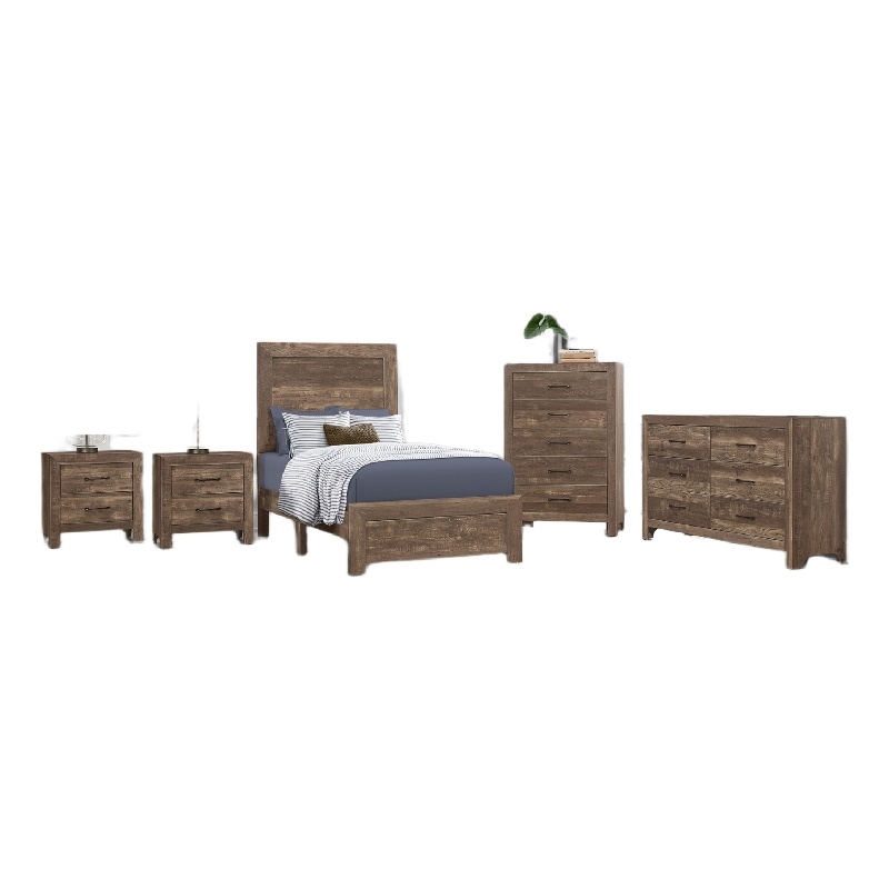 Pemberly Row 5pc Eastern King Panel Bed Set with Dresser and Chest in Brown