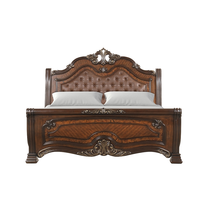 Pemberly Row Queen Bed with Faux Leather and Burl Inlays in Mahogany