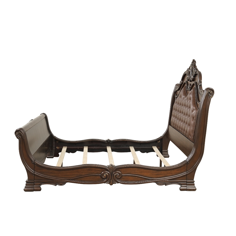 Pemberly Row Queen Bed with Faux Leather and Burl Inlays in Mahogany
