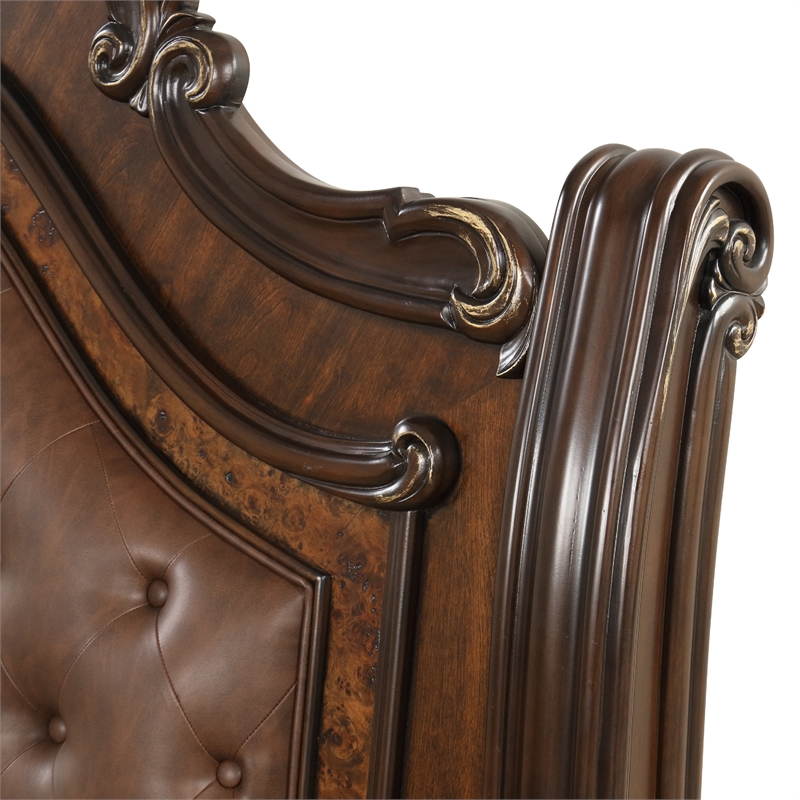 Pemberly Row Queen Bed with Faux Leather and Burl Inlays in Mahogany