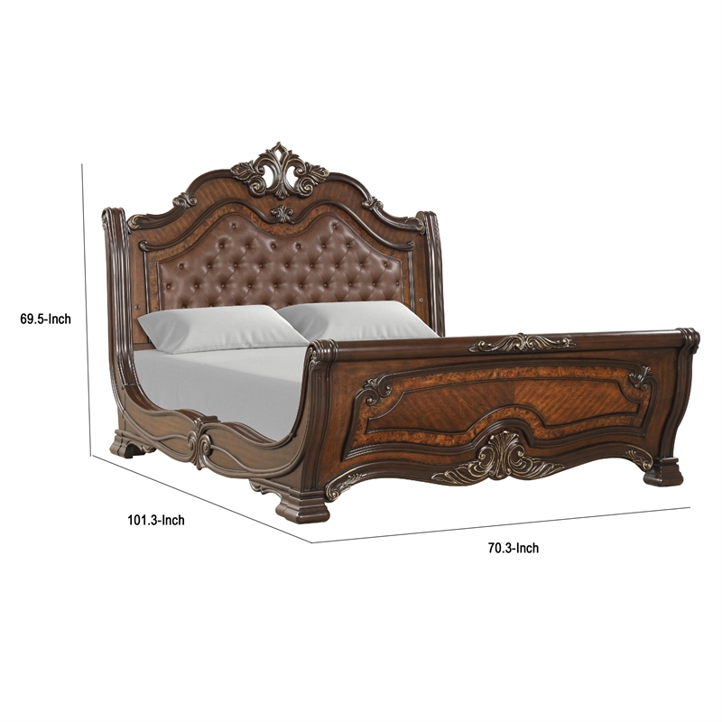 Pemberly Row Queen Bed with Faux Leather and Burl Inlays in Mahogany