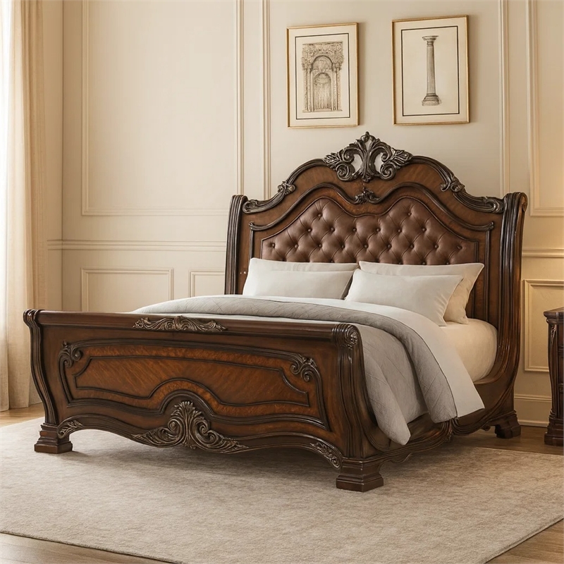Pemberly Row Queen Bed with Faux Leather and Burl Inlays in Mahogany