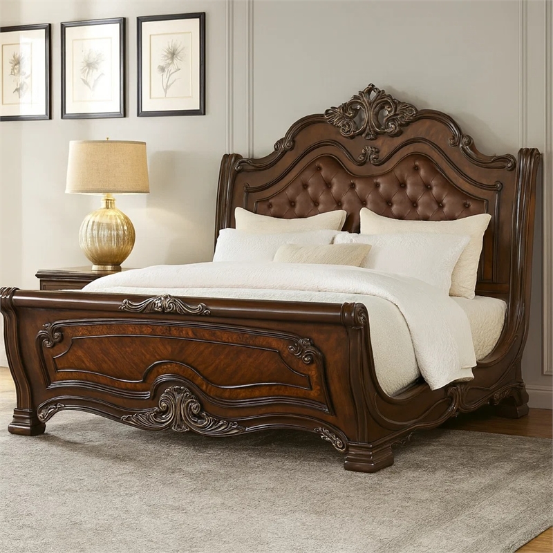 Pemberly Row Queen Bed with Faux Leather and Burl Inlays in Mahogany
