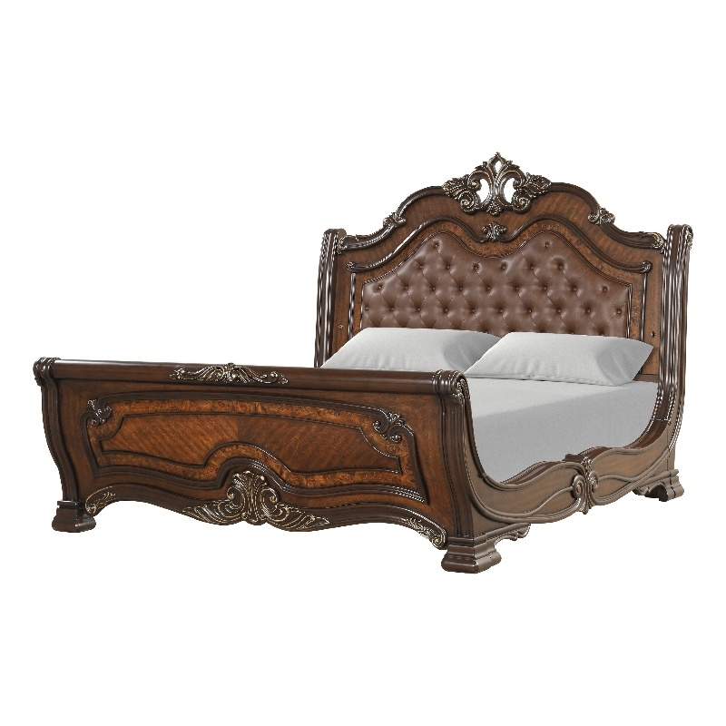 Pemberly Row Queen Bed with Faux Leather and Burl Inlays in Mahogany