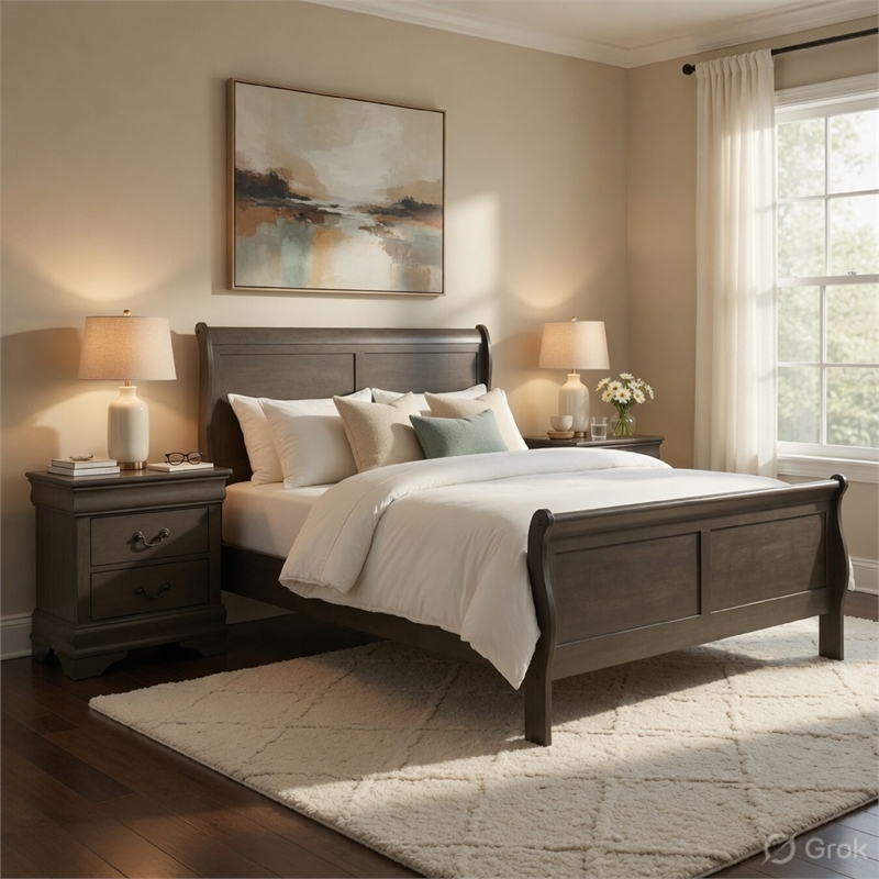 Pemberly Row 3pc California King Sleigh Bed Set with 2 Nightstands in Gray