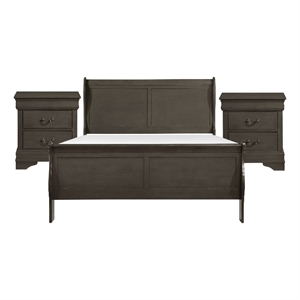 Pemberly Row 3pc California King Sleigh Bed Set with 2 Nightstands in Gray