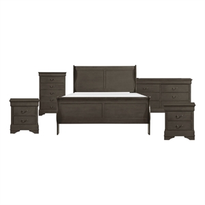 Pemberly Row 5 Piece Queen Panel Bed Set with Dresser and Chest in Gray