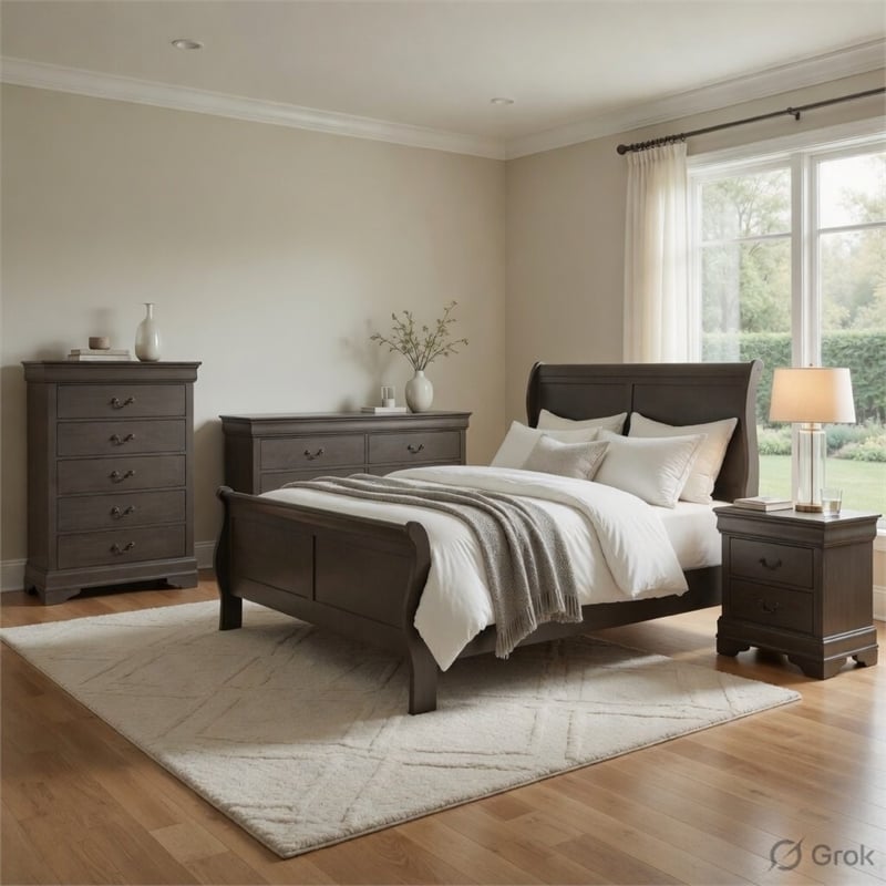 Pemberly Row 4 Piece Queen Panel Bed Set with Dresser and Chest in Gray