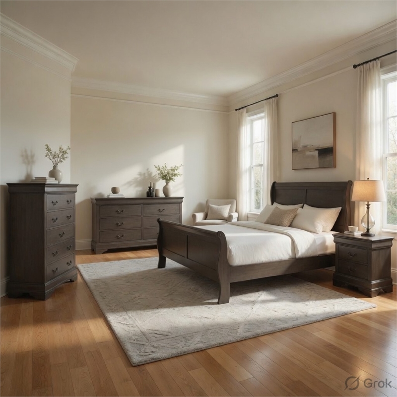 Pemberly Row 4 Piece Queen Panel Bed Set with Dresser and Chest in Gray