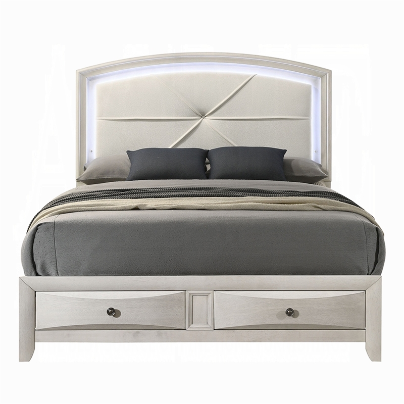 Pemberly Row Queen Bed with LED Headboard and 2 Drawers in Antique White