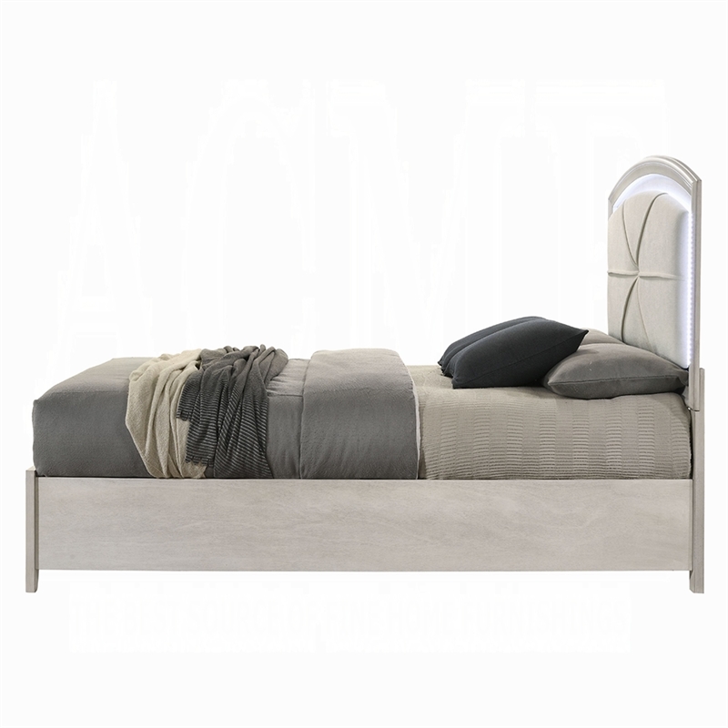 Pemberly Row Queen Bed with LED Headboard and 2 Drawers in Antique White