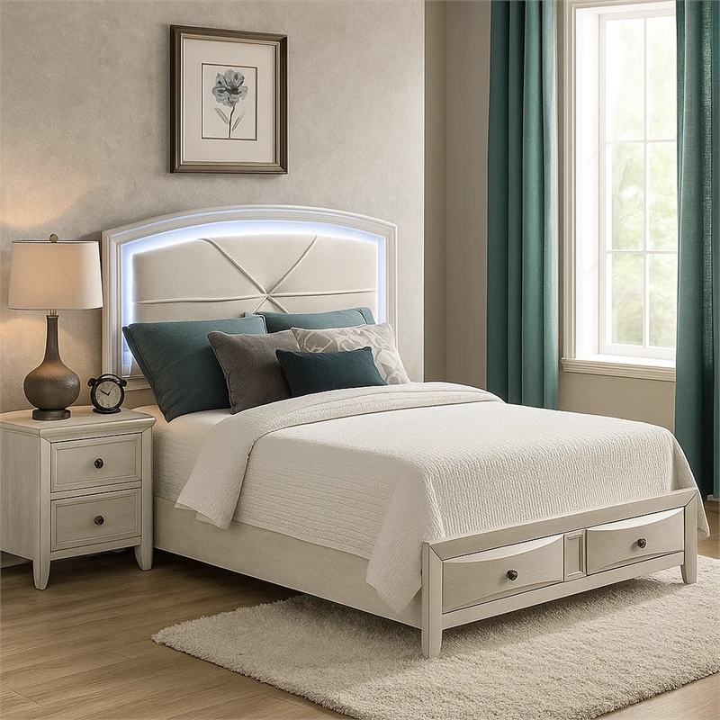 Pemberly Row Queen Bed with LED Headboard and 2 Drawers in Antique White
