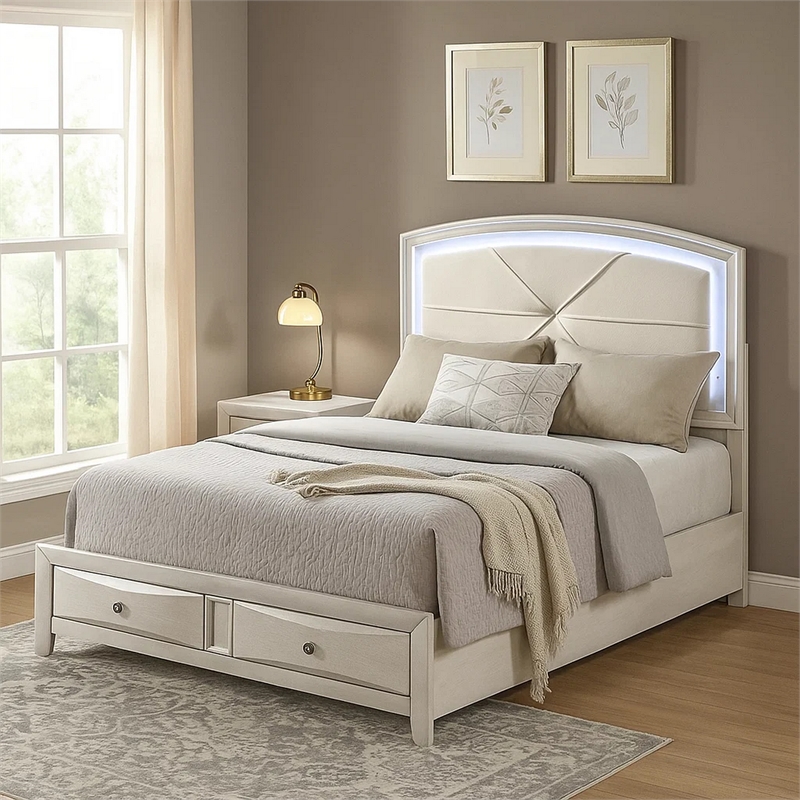 Pemberly Row Queen Bed with LED Headboard and 2 Drawers in Antique White