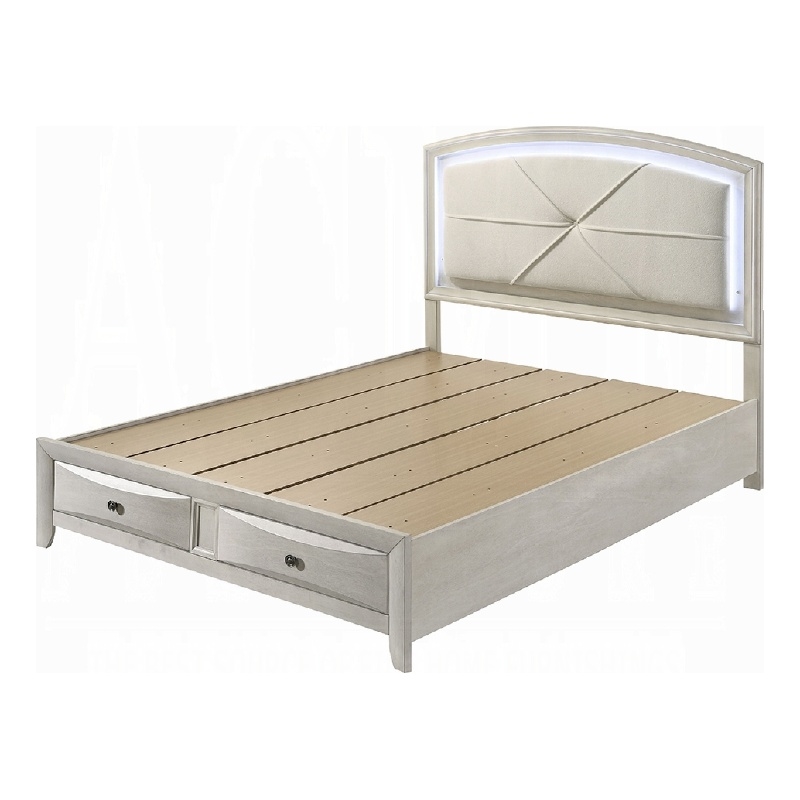 Pemberly Row Queen Bed with LED Headboard and 2 Drawers in Antique White