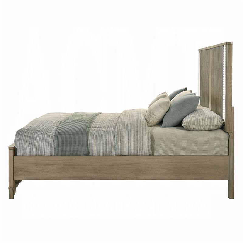 Pemberly Row Queen Bed with LED Fluted Headboard in Antique Oak Brown