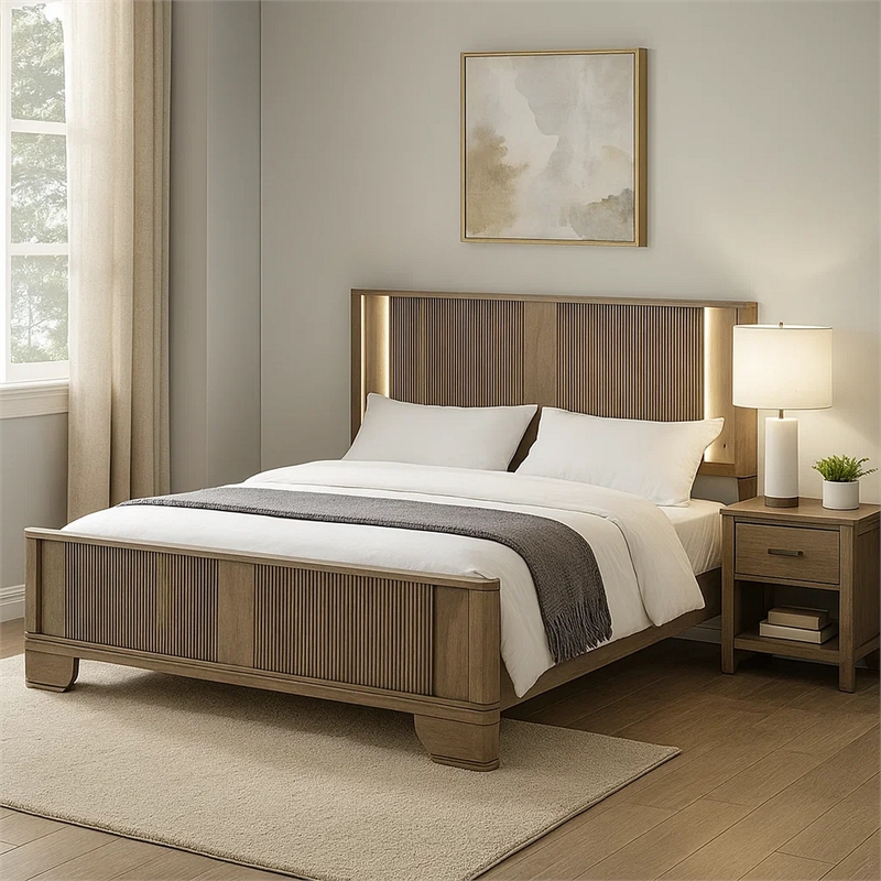 Pemberly Row Queen Bed with LED Fluted Headboard in Antique Oak Brown