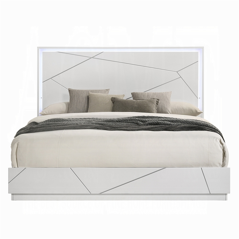 Pemberly Row Queen Bed with LED Headboard and USB in White and Silver