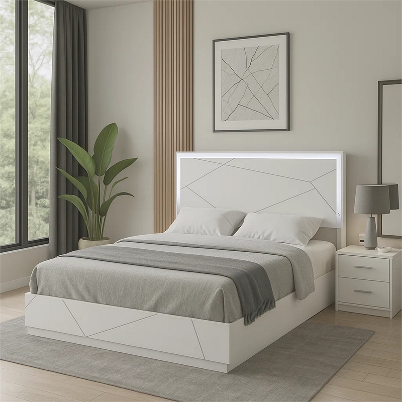 Pemberly Row Queen Bed with LED Headboard and USB in White and Silver