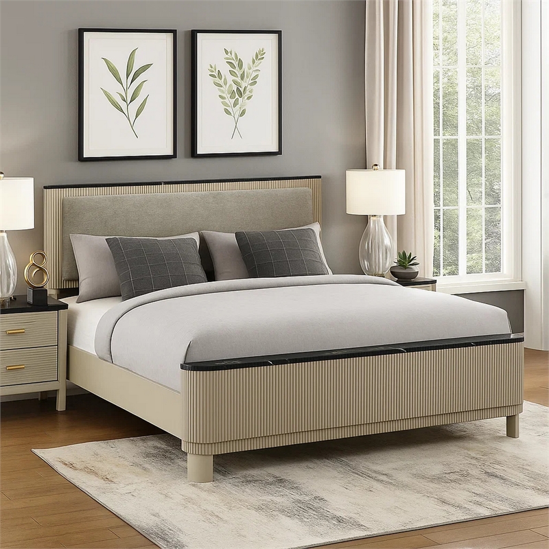 Pemberly Row King Bed with Gray Linen and Marble Print Tops in Fluted Beige
