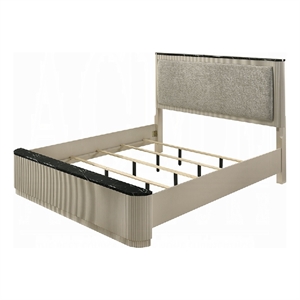 Pemberly Row Queen Bed with Gray Linen and Marble Tops in Fluted Beige