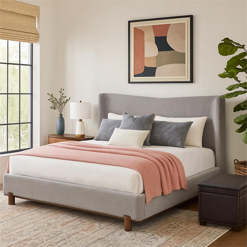 Pemberly Row King Platform Bed with Wingback Headboard in Gray Chenille