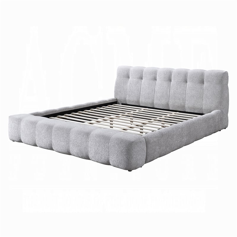 Pemberly Row King Platform Bed with Bench and Grid Tufted in Gray Chenille