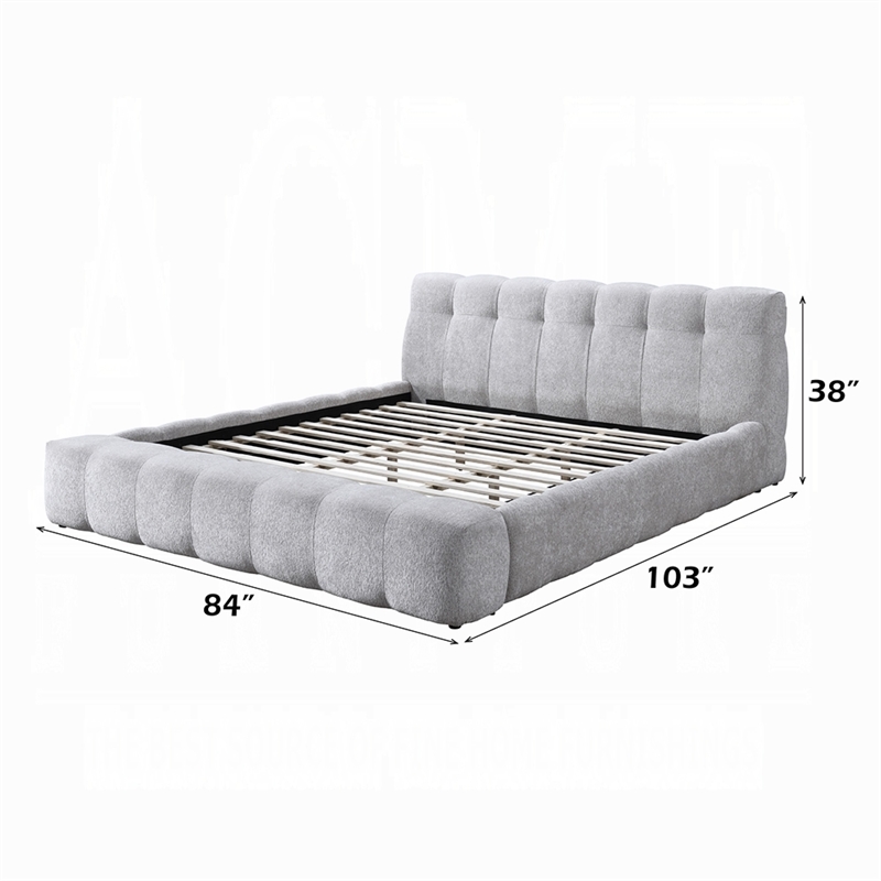 Pemberly Row King Platform Bed with Bench and Grid Tufted in Gray Chenille