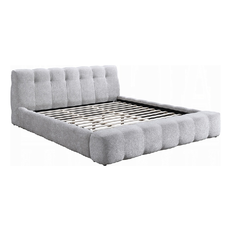 Pemberly Row King Platform Bed with Bench and Grid Tufted in Gray Chenille