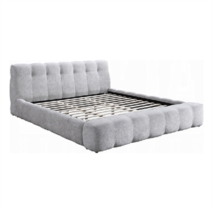 Pemberly Row King Platform Bed with Bench and Grid Tufted in Gray Chenille