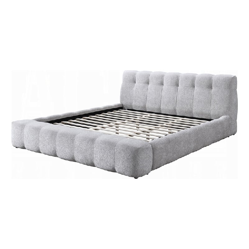 Pemberly Row Queen Platform Bed with Bench and Grid Tufted in Gray Chenille