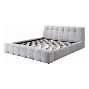 Pemberly Row Queen Platform Bed with Bench and Grid Tufted in Gray Chenille
