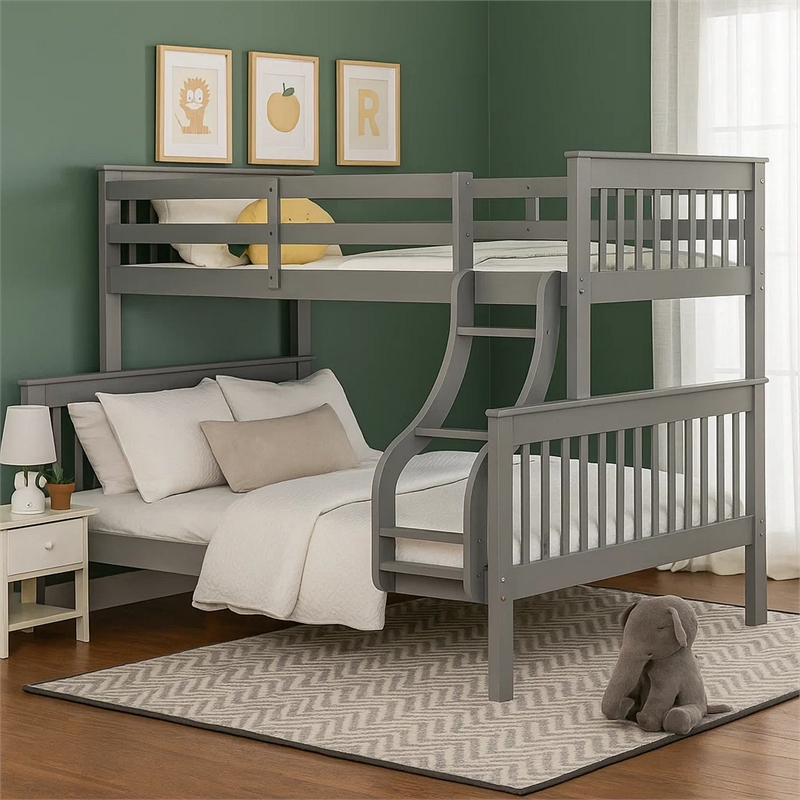 Pemberly Row Twin over Full Bunk Bed with Slatted Frame in Gray and Brown