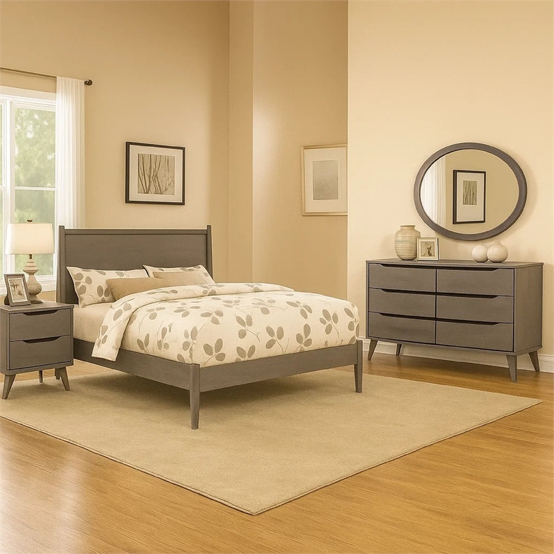 Pemberly Row 4pc Queen Set with Dresser and Oval Mirror in Gray Wood