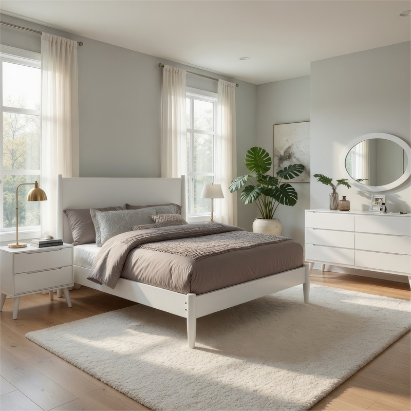 Pemberly Row 4pc Twin Set with Dresser and Oval Mirror in White Wood