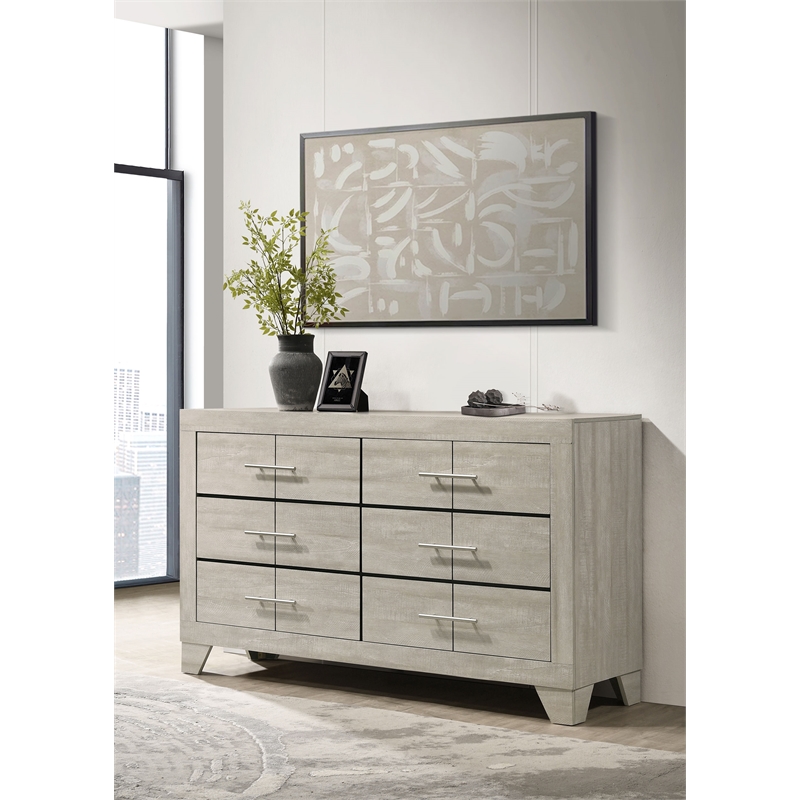 Pemberly Row 6 Drawer Bedroom Dresser with Nickel Handles in Rustic Cream