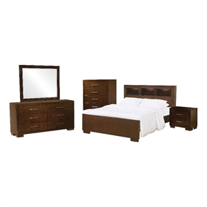 Pemberly Row 5 Piece Queen LED Bookcase Bedroom Set in Cappuccino