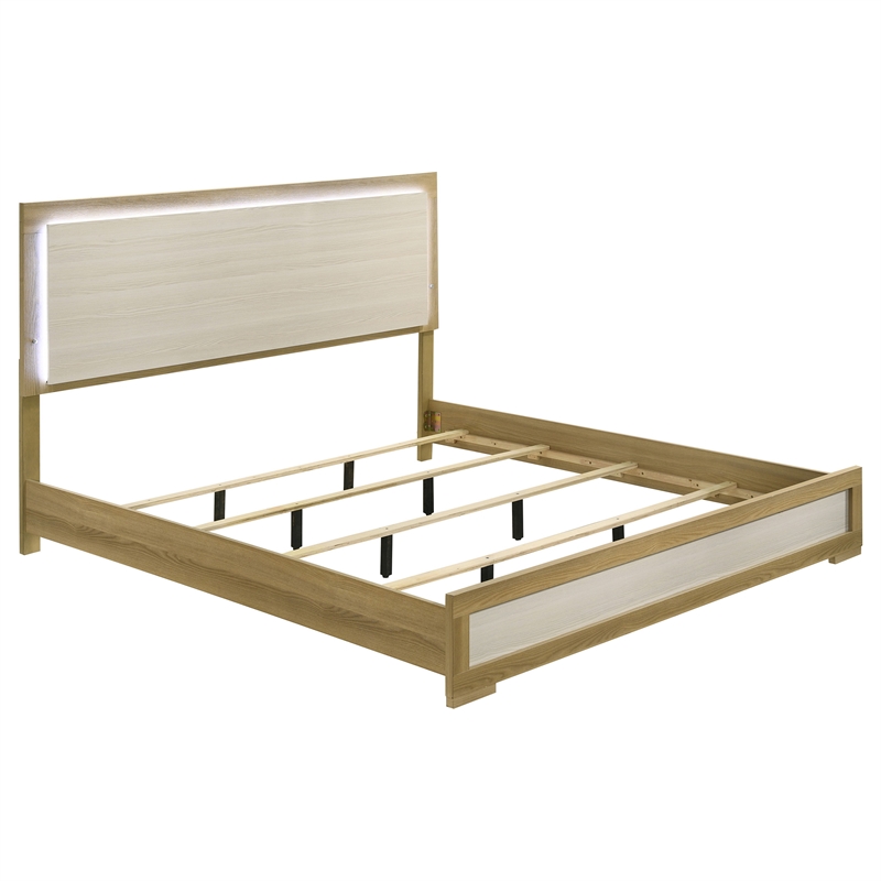 Pemberly Row 5 Piece Eastern King LED Bedroom Set in Natural and White
