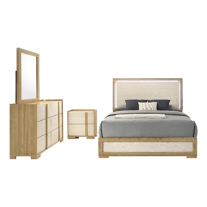 Pemberly Row 4 Piece Queen LED Bedroom Set in Natural and White