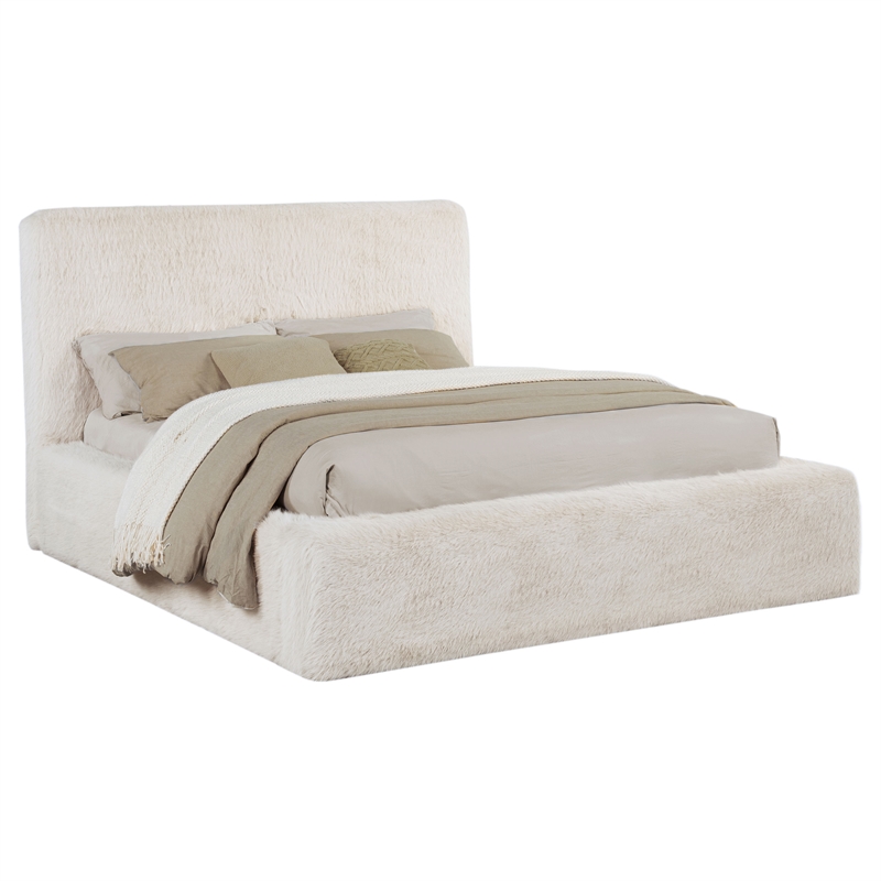 Pemberly Row Faux Fur Upholstered Eastern King Platform Bed in Cream