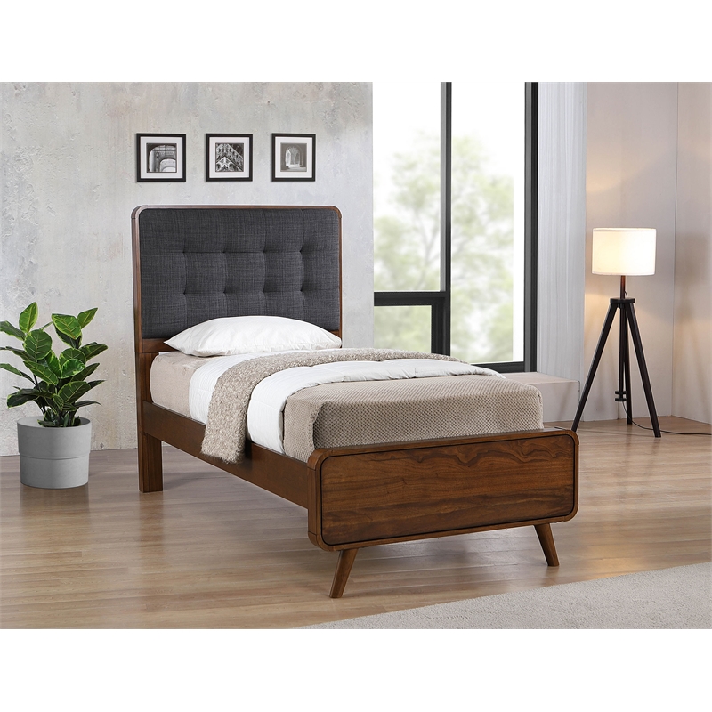 Pemberly Row Twin Platform Bed with Tufted Headboard in Dark Walnut