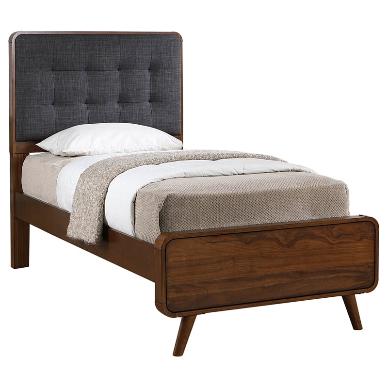 Pemberly Row Twin Platform Bed with Tufted Headboard in Dark Walnut