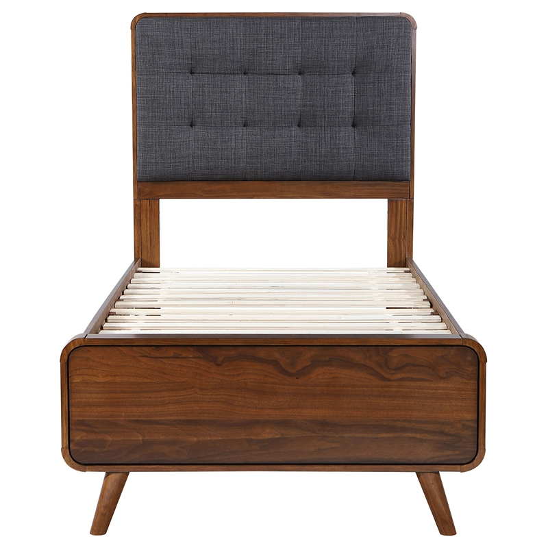 Pemberly Row Twin Platform Bed with Tufted Headboard in Dark Walnut