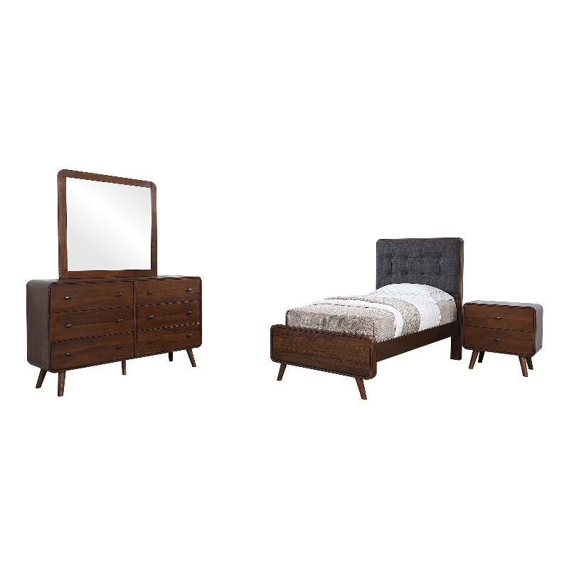 Pemberly Row 4 Piece Mid-Century Twin Bedroom Set in Dark Walnut